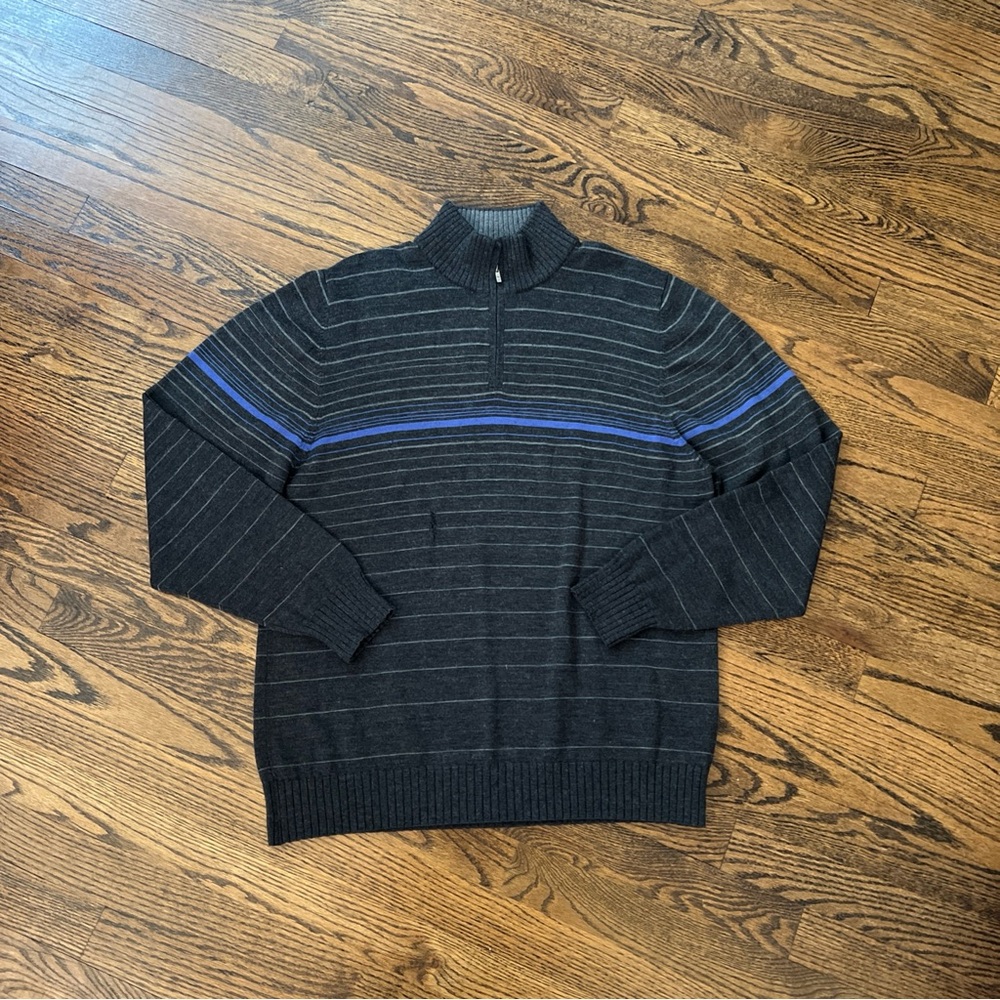 Vintage Tiger Woods Sweater Men's L Gray Blue Striped 1/4 Zip Merino Wool